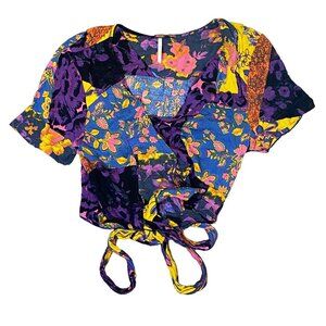 Rare Free People Sheer Tie Front Cropped Baby Blouse Floral Tapestry Womens SM